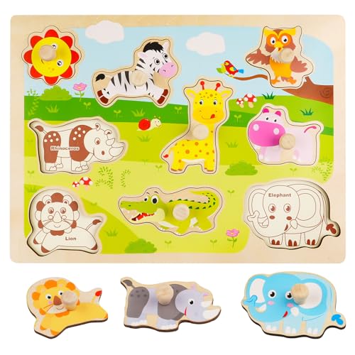 Holzpuzzle 1 Jahr, Kinder Steckpuzzle Holz ab 1 Jahr, Greifpuzzle Holzspielzeug mit Dschungeltieren und Sonne, Kinderpuzzle Lernspielzeug für Baby Junge Mädchen Geschenk