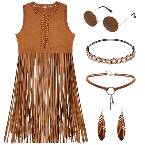 CHMMY Hippie Kleidung Damen Set 60er 70er Jahre Outfit Damen Mädchen Braun Fransen Weste Hippie Kostüm Fransenweste Hippie Accessoires Karneval Faschingskostüme Hallowee (L)