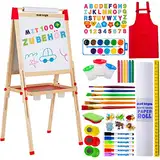 Kunst Staffelei für Kinder mit 100+ Zubehör- Doppelseitige hölzerne Tafel für Kinder mit magnetischer Kreidetafel, abwischbarem Whiteboard & Papierrolle, Kindertafel mit Kreide und Magnet 3-4 4-8 9-12