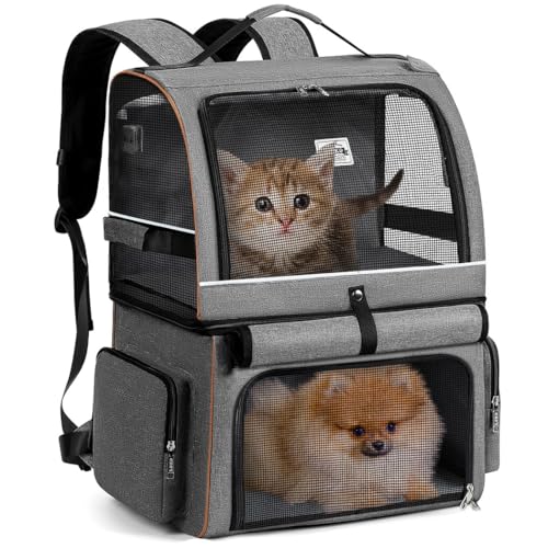 Lekespring Doppellagige Katzen Rucksack für 2 Katzen Große Katzen Transport Rucksack Hunderucksack Faltbare Haustier Rucksack für Katzen Hunde bis 11kg - Grau