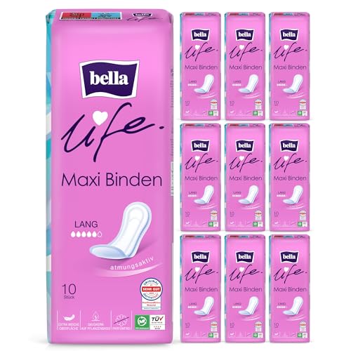 bella life Maxi Damenbinden Lang | dermatest: SEHR GUT | atmungsaktive Binden für Damen im 10er Pack (10 x 10 Stück) | parfümfrei und extra weiche Oberfläche