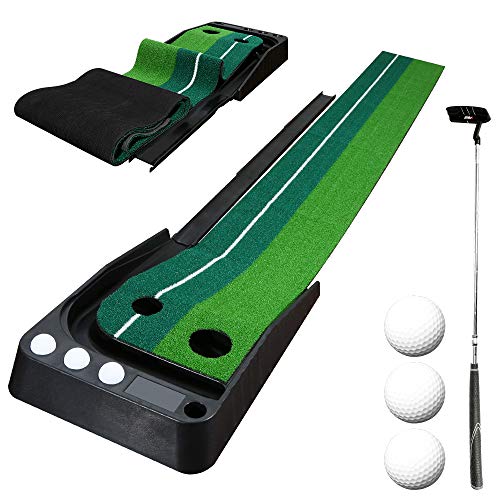 EINFEBEN Golfmatte Puttingmatte Golf Indoor Büro Outdoor Büro Golf Übungsmatte Golf Puttingmatten Golf Putting Trainer Matte mit Auto Ball Return Funktion, Golf Putter, 3 Golfbälle