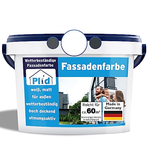 Plid® - Fassadenfarbe Weiss Außen [WETTER & UV-BESTÄNDIG]- Hochwertige Farbe für Mauerwerk, Hauswand, Beton & Kellerwand - Sockelfarbe - Mauerfarbe - Wandfarbe Weiß 10L - Made in Germany