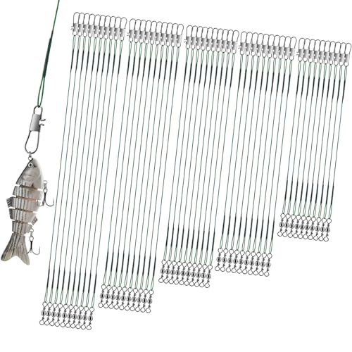 Realure 50 Stücke Stahlvorfach Hecht Angeln Set mit Wirbel & Snaps, 5größen Edelstahl Fischen Angelzubehör Raubfisch, Vorfach Angeln Vorfächer zum Spinnangeln, Vorfachschnur Für Salzwasser Süßwasser