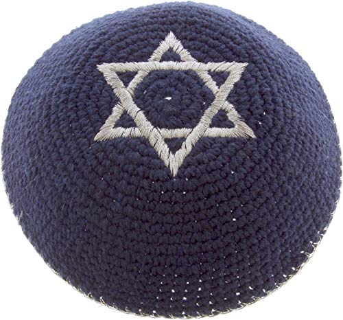Rimmon Judaica Gestrickte Baumwoll-Kippah mit Davidstern und Besatz, Marineblau mit Silber, Einheitsgröße