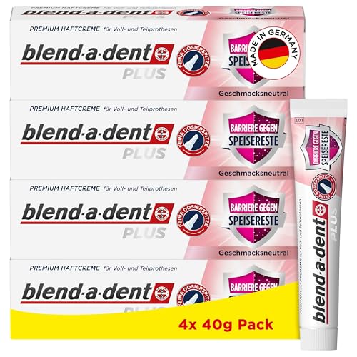 Blend-a-dent Plus Barriere Gegen Speisereste Premium Haftcreme, für Voll- und Teilprothesen, Geschmacksneutral, Made in Germany, 4x 40g Pack