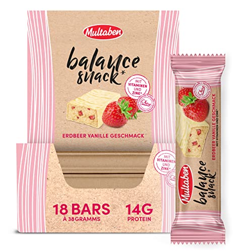 Multaben Balance Snack Erdbeer-Vanille Energieriegel, Energy Bar mit Antioxidantien und Vitaminen, Snackriegel mit Vanille-Erdbeer Geschmack - 18 x 38g