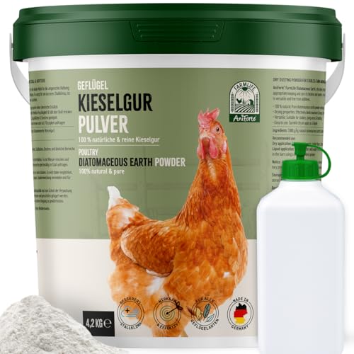 AniForte Kieselgur für Hühner 4,2kg inkl. Stäubeflasche - Reines Kieselgur Hühner Pulver, Kieselerde Pulver, Naturprodukt für Hühnerstall, Laborgeprüft für Geflügel Betriebe