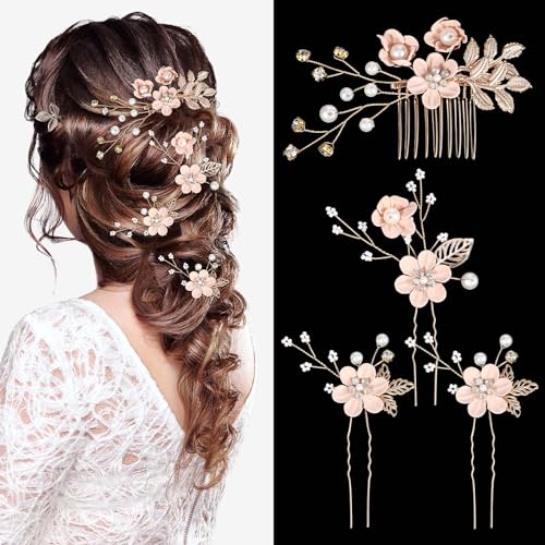 Andibro 4 Stück Braut Hochzeit Haarkämme,Rosa Blumen Strass Haarnadel Kristall Haar Accessoires Perlen Kopfschmuck Hochsteckfrisur für Frauen Mädchen Party Abschlussball Brautjungfern Blumenmädchen