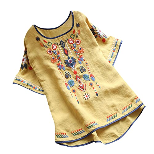 CGGMVCG Leinenhemden für Frauen Sommer Ethno Stil Retro Stickerei Rundhals Baumwolle Lose Kurzarm Damen Tops, Gelb, Groß