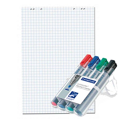 Conipa 5er Set Flipchart Blöcke 68x99 cm kariert/blanko 80 g/qm Inh.5 Blöcke à 20 Blatt | Einzeln oder mit Flipchartmarkern im Sparset (Mit 4 Flipchartmarker Rundspitze)