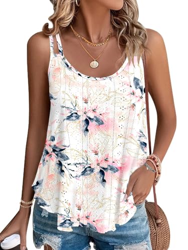 WNEEDU Sommer Tops Damen Rundhalsausschnitt Spaghetti Tank Top Ärmellose Cami Oberteile Shirts Weiß Rosa Blume S