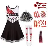 Halloween Kostüm, Halloween Deko, 8 Stücke Cheerleader Kostüm Kinder Mit Strümpfen Kunstblut, Halloween Gruseliger Cheerleader Kostüm für Jungen, Mädchen, Halloween Party Cosplay (130CM)