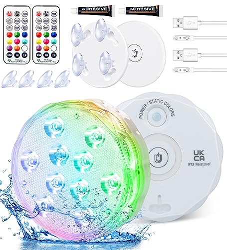 Qoolife USB Wiederaufladbares Unterwasserlicht Funksignal WRGB 3.3" Magnetische bunte LED-Tauchleuchten für Badewanne, Aquarium, Pool, Teich, Dekor, Spa, Weihnachten -2 Stück