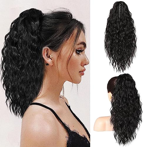 PORSMEER Pferdeschwanz Haarteil Ponytail Extensions Schwarz mit klammer 45cm Lange Gewellte Lockige Haarverlängerung Zopf Clip in Klaue Natürlich Kunsthaar Haarteil für Frauen,18zoll