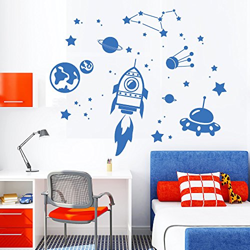 Wandtattoo-Loft „Weltall (Cosmos) mit Sternen und Rakete“ - Wandtattoo / 49 Farben / 4 Größen/brillantblau / 150 x 171 cm