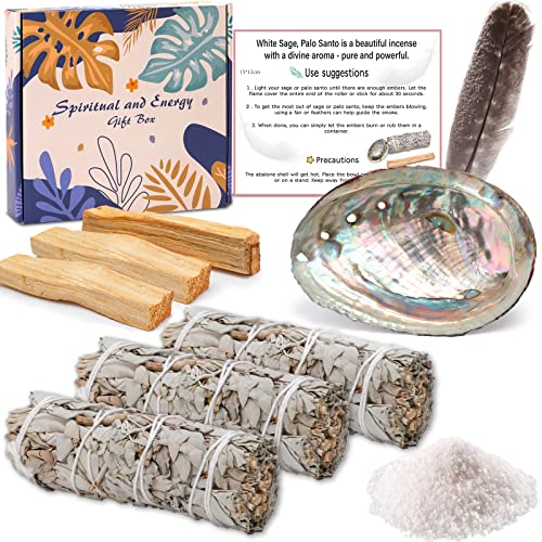 VIPNAJI Räucherset, Weißer Salbei Zum Räuchern X3, Palo SantoX3, Abalone-Muschel, Energetischen Reinigung, Beseitigt Negative Energien - Fördert die Meditation
