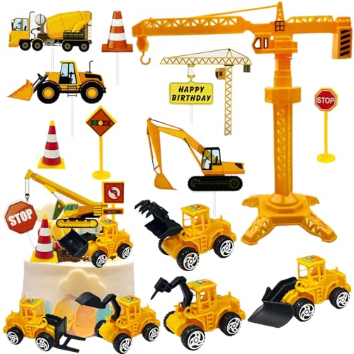 Tortendeko Baustelle, 18 Stück Bagger Kuchendeko, Baustellenfahrzeuge Verkehrsschilder Kinder, Kunststoff Bagger Spielzeugauto, Bagger Cake Topper, Baustellen Fahrzeuge Tortendeko