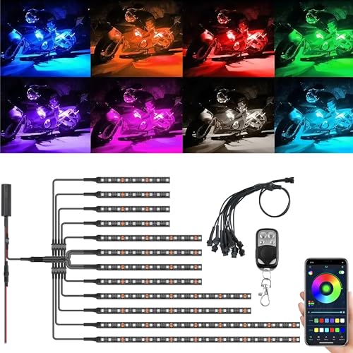 12PCS Streifenlicht Set für Motorräder Wasserdicht RGB Neon Akzentlichter Bodeneffekt Atmosphärenlicht DC 12V mit APP und RF-Fernbedienung Kompatibel für Harley Honda Kawasaki Yamaha Motorräder