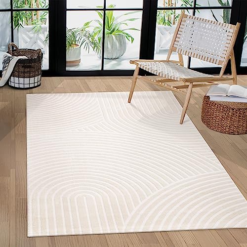 Paco Home Teppich Wohnzimmer Schlafzimmer Kurzflor Skandinavisches Boho Muster Regenbogen Einfarbig 3D Effekt Geometrisch Modern, Grösse:160x220 cm, Farbe:Creme 6