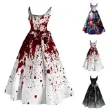 Kswlwccpp Halloween Kostüm Damen Gruselig Blutige Zombie Braut Kostüm Horror Elegant Brautkleid Ärmellos Aufdruck Halloween Kleid fur Damen