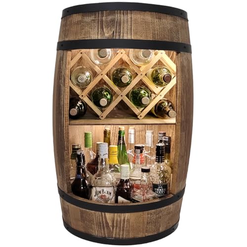 weeco Fassbar mit LED Beleuchtung und Weinhalter. Weinregal - Holzfass Hausbar 80cm. Rustikaler deko Barschrank Weinständer – Fass. Fassbier, Wein Flaschenständer - Bar Whisky Geschenk (Dunkelbraun)