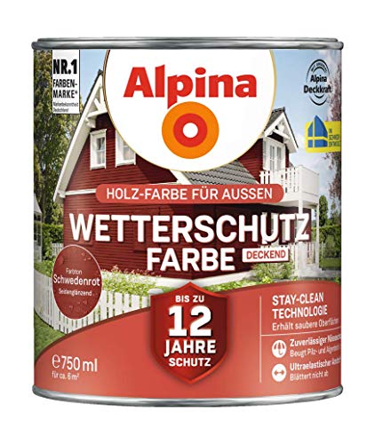 Alpina Holz-Wetterschutz-Farben – Schwedenrot, deckend – bis zu 12 Jahre Schutz vor Witterung und Nässe – schmutzabweisend, deckend & ergiebig – 750 ml