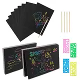 Relota 50 Stück Kratzbilder für Kinder, Blätter Regenbogen Kratzpapier mit 5 Holzstifte, 4 Malschablonen, Malbuch Magic Scratch Book, Kratzbild Set zum Zeichnen und Basteln für Jungen Mädchen DIY