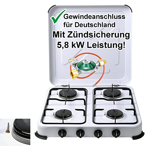 Campingkocher Gaskocher 4-flammig mit Zündsicherung | inkl. Gasschlauch und Gasregler mit 360°-Manometer Gas Füllstandsanzeige und Schlauchbruchsicherung | Propangas Kochfeld 2 3