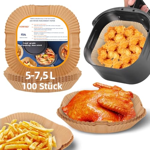 HONYAO Backpapier für Heißluftfritteuse XXL 5-7,5 L, 100 Stück Quadrat 20x20 cm Air fryer Backpapier Antihaft Einwegschalen Luftfritteuse Pergamentpapier Kompatibel mit COSORI,Philips,Cecotec Airfryer
