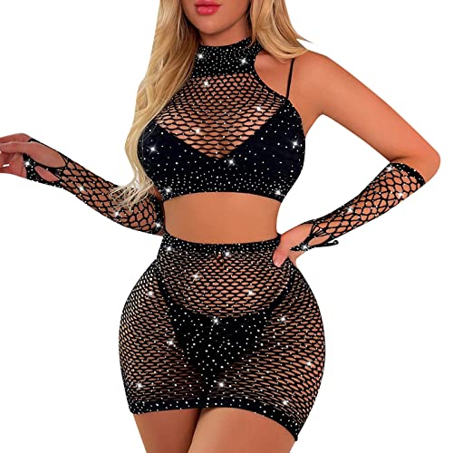 sexy dessous damen für sex sport bh damen Riemchen Bodysuit Sexy Fischnetz Mädchen Strass Kristall Arm Ärmel 3 Stück Kleider Bodystockings Clubwear Dessous Nachtwäsche Edle Dessous (Black, One Size)