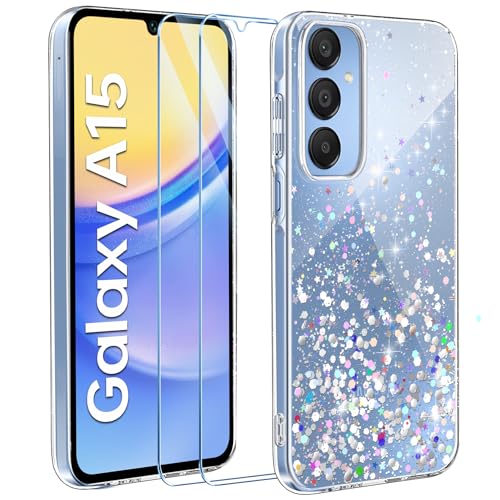 ivencase Glitzer Handyhülle Kompatibel mit Samsung Galaxy A15 Hülle, Klar Silikon Case+2 Stück Schutzfolie, Transparent Pailletten Kratzfest Hülle Weich TPU Stoßfeste Schutzhülle Samsung A15 5G