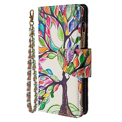 Nadoli Reißverschluss Brieftasche Etui für Samsung Galaxy A02,Bunt 9 Karte Halter Pu Leder Gemälde Baum Entwurf Lanyard Magnetisch Standfunktion Schutzhülle