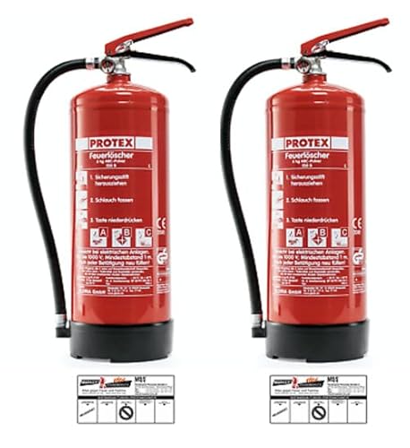 2 Pulver-Feuerlöscher – Protex PDE 6 Pulverfeuerlöscher – 6 kg - für die Brandklassen ABC – DIN EN 3 und CE – je 9,5 kg – mit praktischer Halterung – mit Prüfplakette - Made in EU