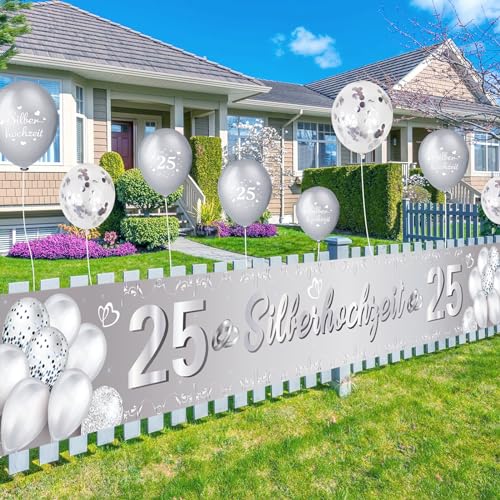 Silberhochzeit Deko Banner, 270 * 35cm Silberhochzeit Banner für Hochzeit Garten Haus Wanddekoration, 12 Silberhochzeit Latex Ballon Outdoor Barriere Deko, Elegante Silberhochzeit Deko