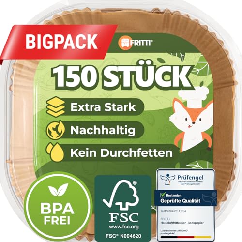 FRITTI Backpapier für Heißluftfritteuse 150 Stück DEKRA geprüft 20-25 cm quadratisch XL Heissluftfritteuse Zubehör Papier für Airfryer 4,5-8L