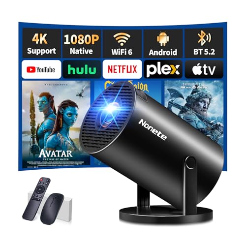 Mini Beamer 4K Projektor Full HD 1080P mit WiFi 6 und Bluetooth 5.2, Android Tragbarer Projektor 270° Dreh mit Automatische Trapezkorrektur für PC/HDMI/USB,mit Maus und Fernbedienung, Schwarz