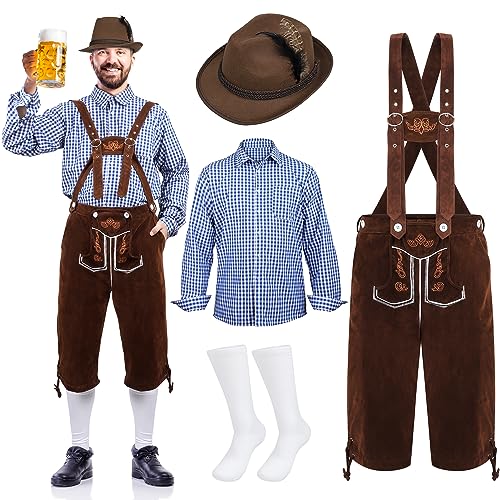 SOMSOC Herren deutsches bayerisches Oktoberfest-Kostüm-Set beinhaltet Herren Lederhosen mit Trägern & Shirt & Socken und Hut