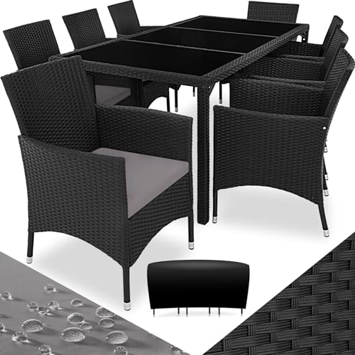 tectake® edles Outdoor Gartenmöbel Set Rattan Sitzgruppe mit Sessel und Tisch für 8 Personen, inkl. Schutzhülle und Polstern, Balkon Möbel wetterfest - schwarz/grau