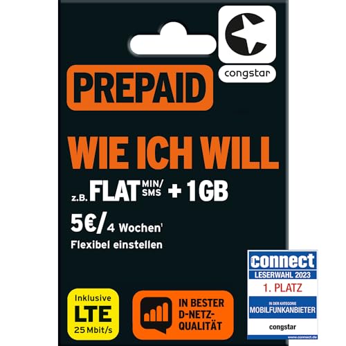 congstar Prepaid wie ich Will [SIM, Micro-SIM und Nano-SIM] - Ihr Wunschmix in Bester D-Netz Qualität inkl. 10 EUR Startguthaben. Mixen Sie Allnet-Minuten, SMS und GB so wie Sie es monatlich brauchen.