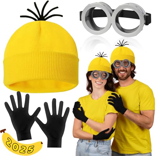 Erwachsene Minions Kostüm Zubehör, 3PCS Minion-Kostüm Erwachsene Set für Cosplay 1 Brille,1 Gelbe Mütze,1 Schwarze Handschuhe Set, Karneval Kostüm Erwachsene Faschings kostüm für Damen Herren Kinder