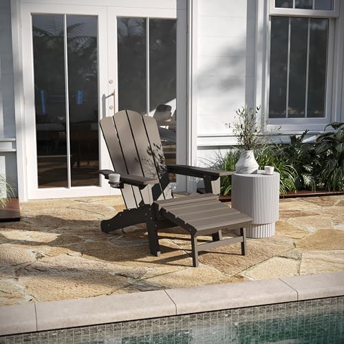 Taylor & Logan Nellis Adirondack Stuhl mit Getränkehalter und ausziehbarer Ottomane, Allwetter-HDPE Indoor/Outdoor Lounge Chair, Kunststoff: Polyethylen, Braun, Set of 1