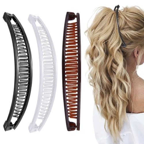 UENXRXE 3 Stück Bananenspange Haare,Banana Clip Vintage,Groß Banana Hair Clip,Bananen Haarspangen Damen Dünnes Frisur,Bananen Clip Haar Accessoire Für Frauen Und Mädchen (Schwarz,Weiß,Braun)