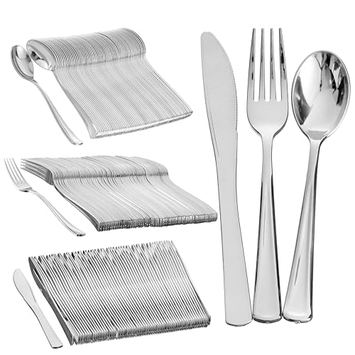 MATANA 180 Elegantes Wiederverwendbares Silbernes Plastikbesteck Set - 60 Messer, 60 Gabeln, 60 Löffel - Mehrweg & Stabiles Besteck für Hochzeiten, Geburtstage, Partys & Veranstaltungen
