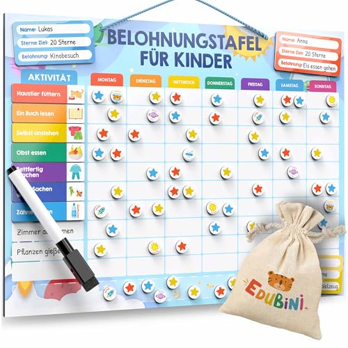 Edubini Belohnungstafel für Kinder - [100 AUFGABEN + 350 Magnete] - Belohnungssystem für Verantwortung - Montessori Magnettafel, Wochenplaner Kinder, ADHS Hilfsmittel - inkl. Tasche, Stift (Weltraum)