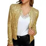 Glitzer Jacke Damen Gold Fasching Pailletten Jacke Bomberjacke Strickjacke Kurz Offene Cardigan Langarm Bolero Dünne Ohne Knöpfe Paillettenjacke Bolerojacke Langarm Party Club Metallic Jacket