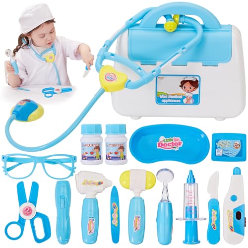 BUYGER Arztkoffer Kinder ab 3 Jahre, Doktorkoffer Mit Zubehör Stethoskop, Spritze, Arzt Set mit Licht und Sound für Kinder, Doktor Spielzeug, Rollenspiel für Mädchen Junge, Geschenke (Blau)