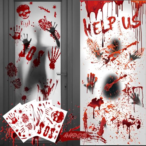 Halloween Dekoration Horror Sticker Poster, Riesen Blutige Handabdrücke Zombie Silhouetten Blutige Fenster Handabdruck Fußabdruck Wiederverwendbar für Halloweenparty Fenster