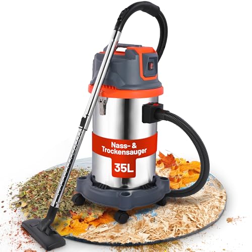 2mGoods 1500W industriestaubsauger 35L Orange, beutellos mit waschbarem Baumwollfilter gegen Feinstaub, nass- & trockensauger mit Kupfer-Doppelmotor & CoolAir-Technologie