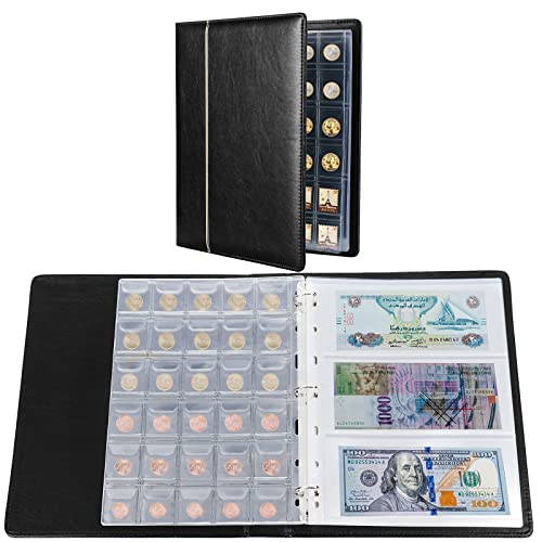 Kyrio Münzsammlung Album,150 Taschen Münzen 24 Stück Papiergeld-Aufbewahrungskoffer, Münzsammlung Halter für Sammelzubehör, Bills Pennies Quarters Stamp (Schwarz, Münzen und Banknoten)